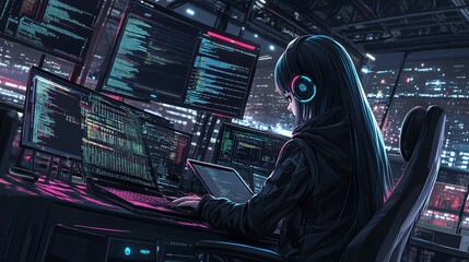 A digital coder with multiple screens coding at night with city lights in background
