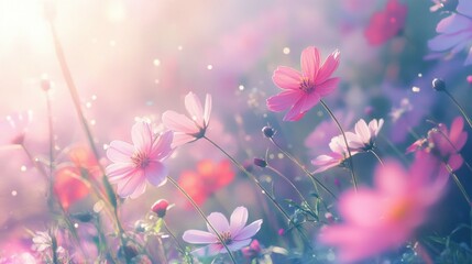 Wall Mural - A vibrant, dreamy field of colorful flowers illuminated by soft sunlight.