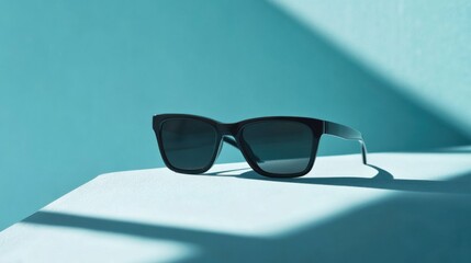 Wall Mural - Sleek black sunglasses resting on a pastel blue background, minimalist composition with soft shadows.