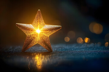 Wall Mural - golden star fragment glowing softly on dark gradient background symbolizing divine light and epiphan