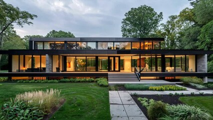 Aufkleber - Modern house exterior with large windows, landscaped garden, and evening lighting, featuring sleek design of stone and wood that creates harmonious blend with nature.