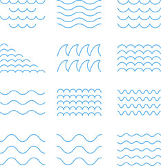 Ocean, sea waves flat simple lines icons symbols vector set - Blue line wave ornament