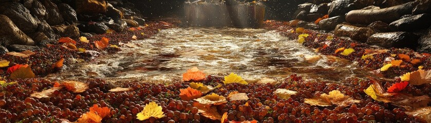 Wall Mural - Autumn stream, leaves flow, sunlight, rocky banks. Nature scene