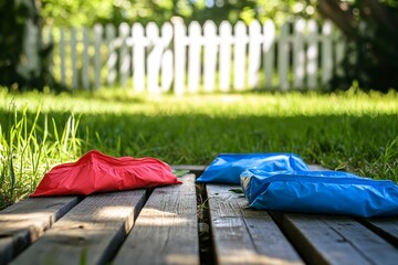 Red and blue waterproof bags on wooden deck in sunny garden.