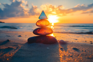 Canvas Print - sunset, seashore, pyramid of cameos. meditation. peace of mind