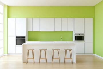 Wall Mural - Modern Minimalist Kitchen Design with Green Accent Wall and Simple Furniture