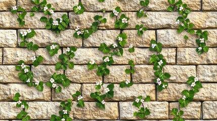 Poster - Stone wall, climbing plants, white flowers, spring, nature background, home decor