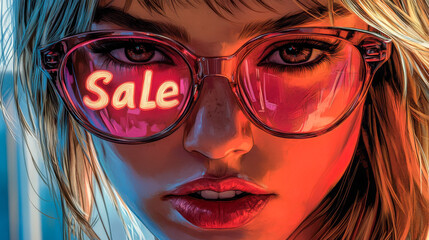 Wall Mural - The sale sign is reflected in the woman's glasses. Comic book pop art style