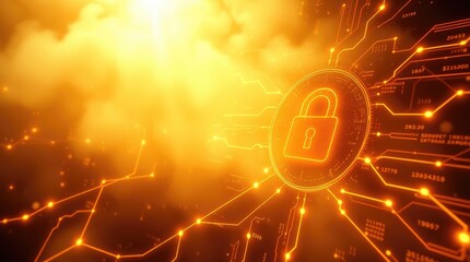 Wall Mural - digital security, glowing padlock icon, golden light, network connections, cyber protection, abstrac