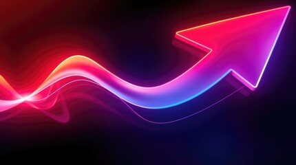 Wall Mural - Neon glowing arrow, vibrant pink to blue gradient, wavy energy line, dark background, futuristic, dynamic, abstract, digital art, 3D rendering, glowing effects, motion blur, sleek design, upward 