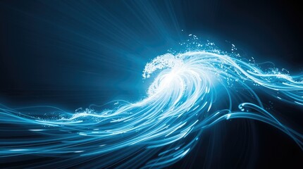 Sticker - ocean wave, bioluminescent, glowing blue, cresting wave, dynamic water motion, dark background, ethe