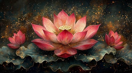 Wall Mural - Elegant pink lotus flowers with golden accents on dark background.