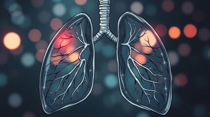 Sticker - medical illustration, human lungs, x-ray view, glowing red highlights, dark background, bokeh lights
