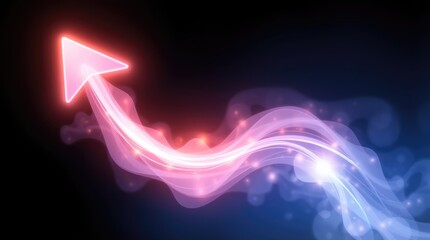 Wall Mural - Glowing neon arrow, vibrant pink and blue, ethereal smoke effect, curving upward, dark background, cosmic atmosphere, luminous energy trail, futuristic design, dynamic lighting, digital art, 3D render