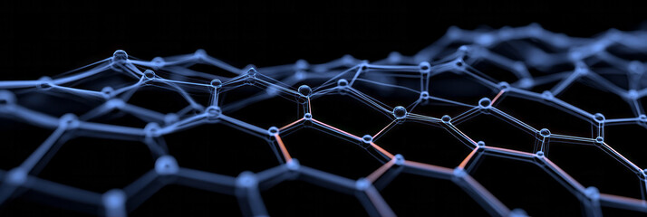A sleek geometric network with black hexagonal nodes and luminous connecting lines, set against a futuristic dark blue background,