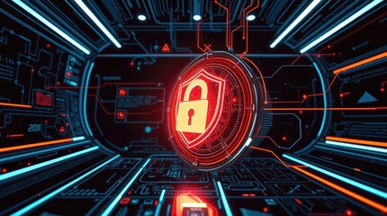 Sticker - cybersecurity concept, glowing red padlock icon, futuristic digital tunnel, neon blue light streaks,