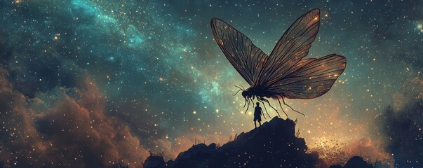 Wall Mural - a lone figure riding a giant, winged insect across a starry sky.