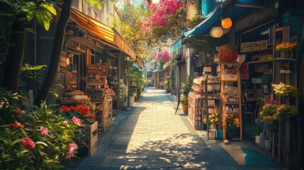 Charming alleyway filled with vibrant flowers and quaint shops in a sunny setting.