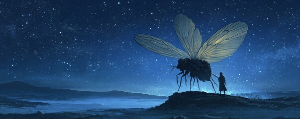Wall Mural - a lone figure riding a giant, winged insect across a starry sky.