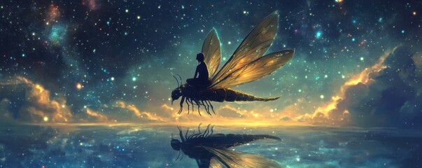 Wall Mural - a lone figure riding a giant, winged insect across a starry sky.
