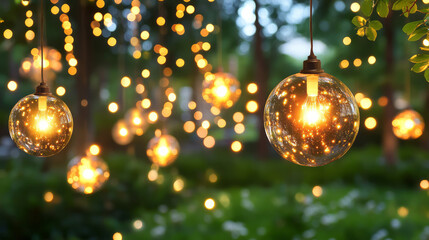 Aufkleber - A serene outdoor setting adorned with golden bokeh lights hanging from green foliage, creating a festive and romantic ambiance,