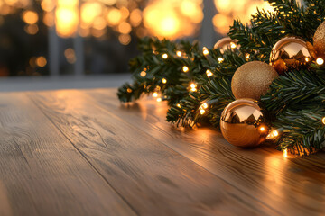 Aufkleber - A charming holiday setup with golden bokeh lights entwined in green garlands, creating a festive and elegant decoration,
