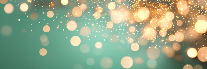Aufkleber - A minimalist festive scene with scattered golden bokeh lights on a solid green background, emphasizing simplicity and elegance,