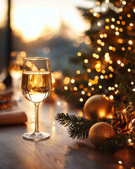 Fototapete - A cheerful holiday party with golden bokeh lights enhancing green decorations, adding warmth and festivity to the setting,