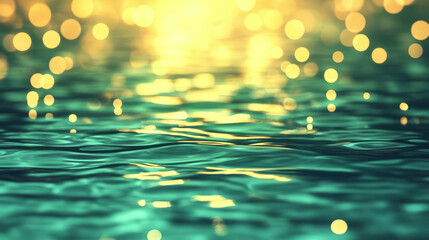 Aufkleber - A tranquil evening with golden bokeh lights reflecting on green water surfaces, creating a serene and festive atmosphere,