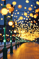 Poster - A vibrant street decoration featuring golden bokeh lights strung across green lampposts, adding a festive glow to the urban setting,