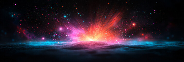 Poster - A captivating abstract radiating light pattern with radiant red and blue orbs emitting beams of light, creating a celestial feel,