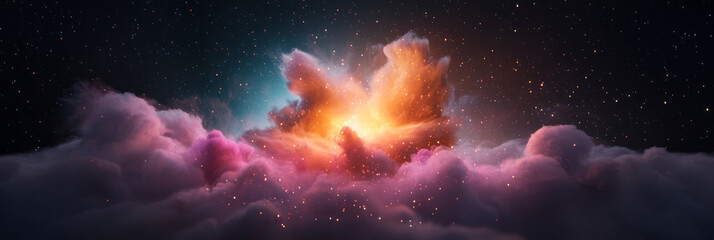 Poster - A mesmerizing display of colorful light particles emanating from a central point in an ethereal, abstract space backdrop,