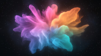 Poster - A stunning abstract artwork with a colorful burst of light particles creating intricate patterns against a deep black space background,