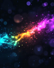 Poster - An elegant explosion of vibrant light particles in various hues, spreading outwards in a smooth, abstract cosmic setting,