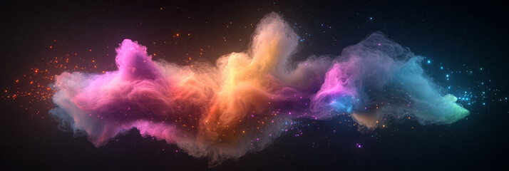 Poster - A captivating abstract scene with colorful light particles emanating from multiple points, creating a complex burst in space,