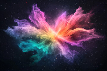 Poster - An artistic depiction of a colorful burst of light particles forming intricate geometric shapes in an abstract cosmic space,