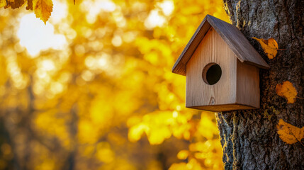 A wooden birdhouse in a fall forest