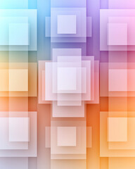 Poster - A mesmerizing abstract 3D geometric formation of overlapping stacked squares in vibrant hues of orange, purple, and turquoise, enhancing visual complexity,