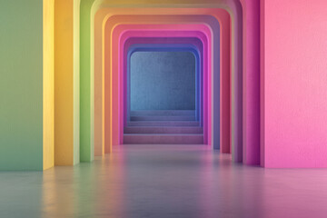 Poster - A futuristic abstract 3D structure of stacked squares in vivid neon colors like lime green, electric blue, and hot pink, creating a dynamic visual effect,