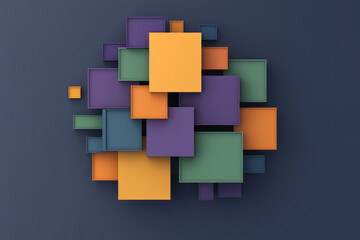 Poster - A sophisticated abstract 3D structure of stacked squares in vibrant shades of purple, green, and gold, emphasizing symmetry and visual complexity,