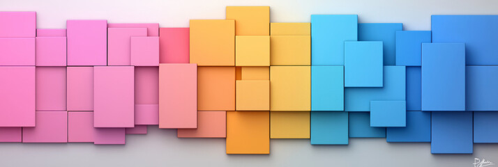 Aufkleber - A striking abstract 3D geometric structure of stacked squares in vibrant hues of blue, pink, and yellow, forming a lively and dynamic pattern,