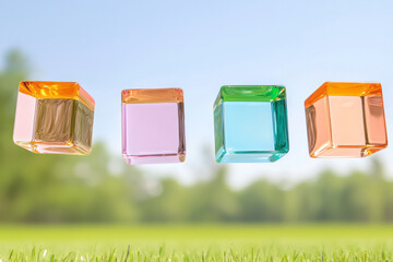 Poster - A serene scene of floating colored glass squares with soft focus, creating a dreamy and ethereal atmosphere,