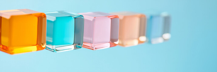Fototapete - A minimalist composition featuring vibrant colored glass squares suspended in mid-air with a soft-focused backdrop, highlighting their colors and shapes,