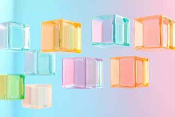 Poster - A serene scene of floating colored glass squares with soft focus, creating a dreamy and ethereal atmosphere,