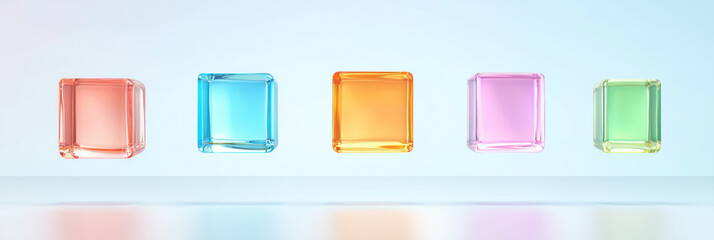 Poster - A minimalist composition featuring vibrant colored glass squares suspended in mid-air with a soft-focused backdrop, highlighting their colors and shapes,