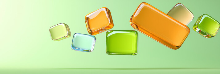 Poster - A modern abstract scene featuring brightly colored glass squares floating against a softly focused green background, blending nature and design,