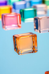 Fototapete - A vibrant composition of colored glass squares in various hues gently floating with a soft focus effect, creating depth and dimension,