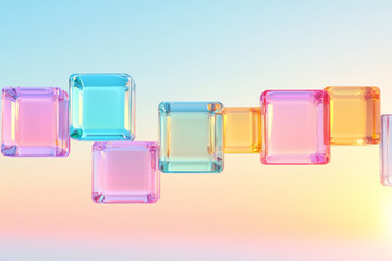 Poster - An ethereal image of shimmering colored glass squares suspended in the air with a soft, blurred background, enhancing their translucent beauty,