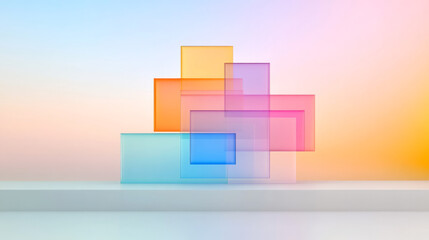 Poster - A minimalist design featuring pastel-colored glass squares gently floating with a soft focus, evoking a sense of lightness and tranquility,