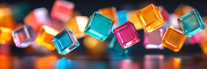 Poster - A striking composition of floating colored glass squares with a soft focus on a dark background, creating a contrast that highlights their brilliance,